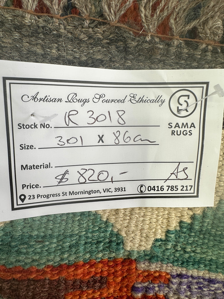 Afghan hand made Kilim runner 301x86 cm