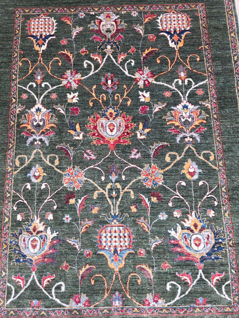 Forest green Afghan handmade floral wool rug detail 1