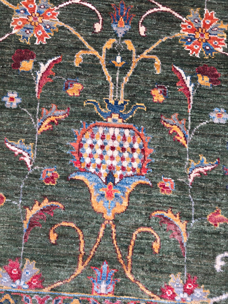 Forest green Afghan handmade floral wool rug detail 3