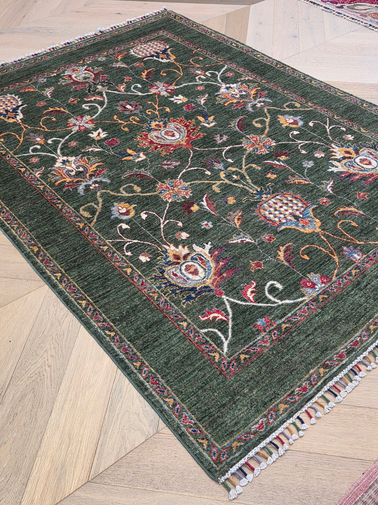 Forest green Afghan handmade floral wool rug detail 4