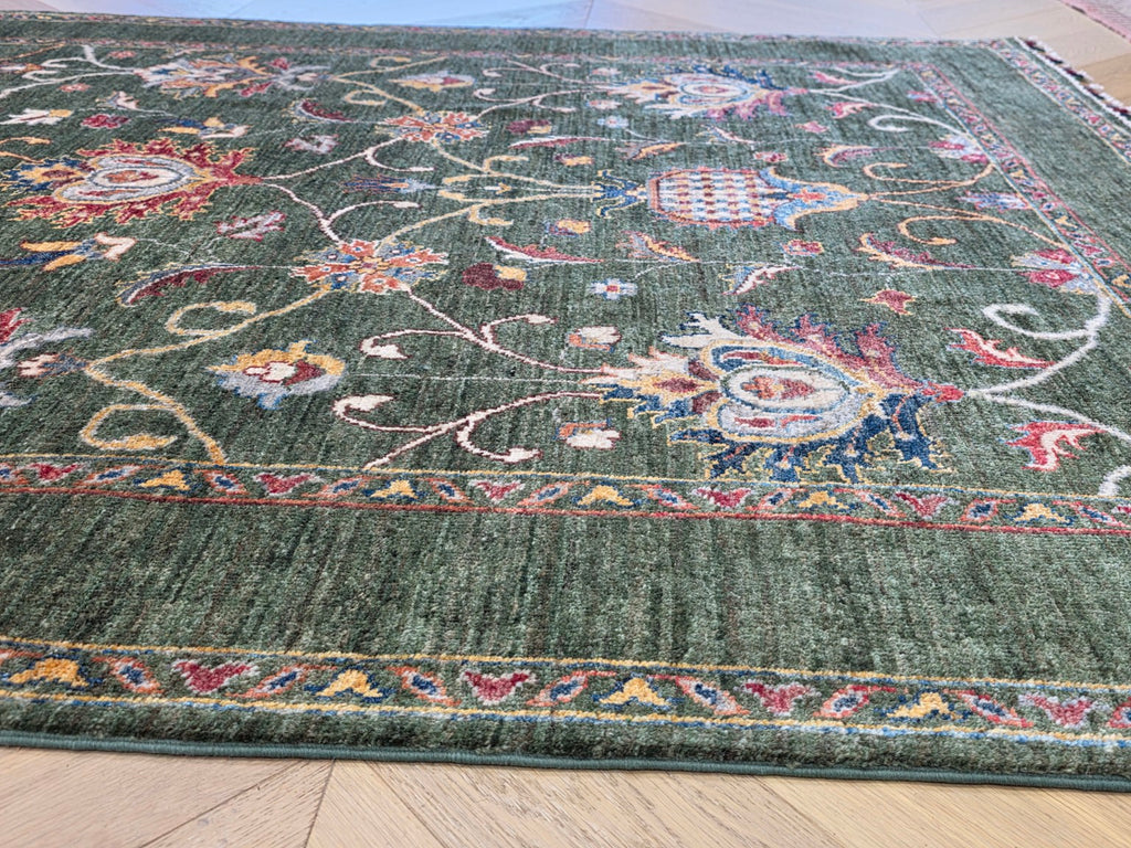 Forest green Afghan handmade floral wool rug detail 5