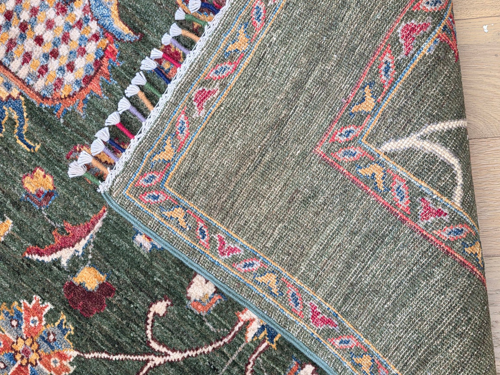 Forest green Afghan handmade floral wool rug detail 7