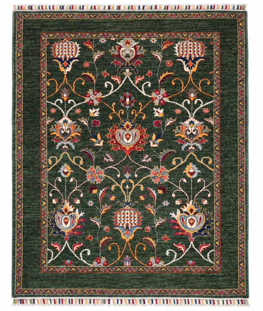 Forest Green Floral Afghan Hand-Knotted Rug – 200 × 146 cm