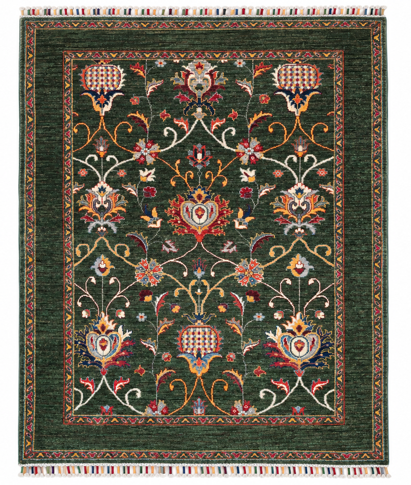 Forest green Afghan hand-knotted rug overhead hero image