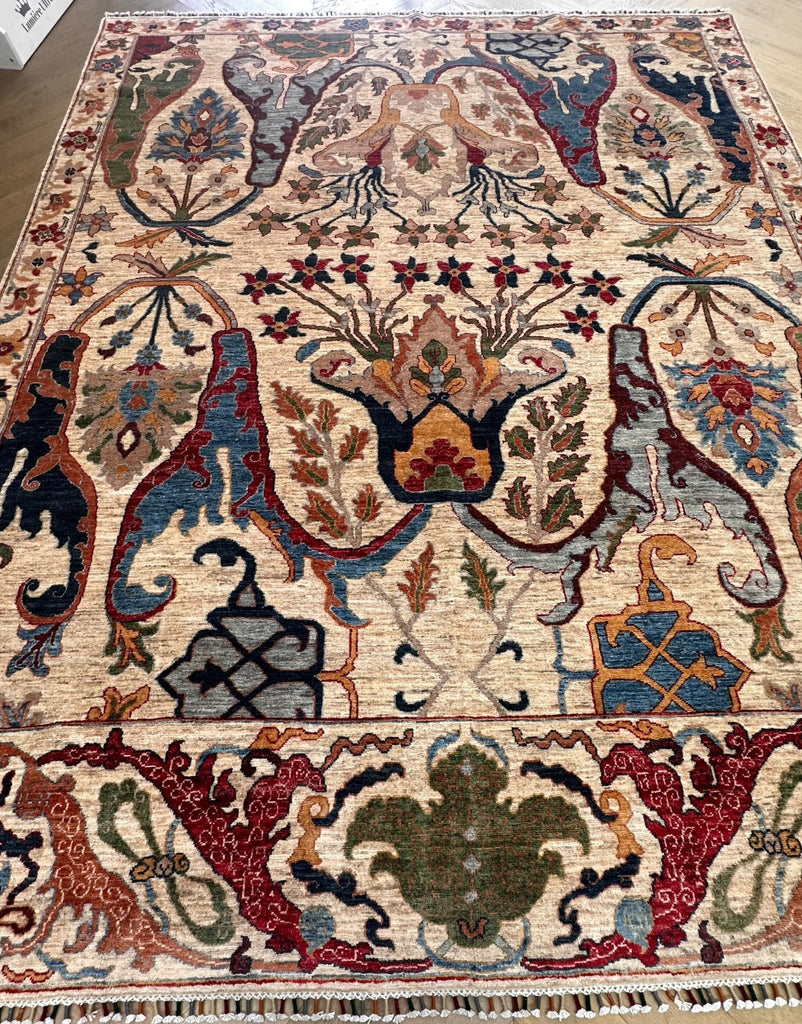 Reverse viewing direction showing changing pile sheen of the Afghan floral rug