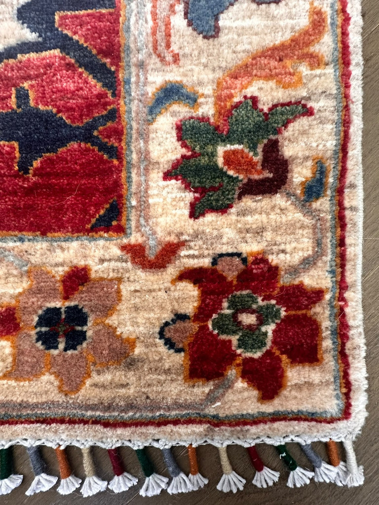 Close-up of floral corner border and coloured wrapped fringe with white tassel ends