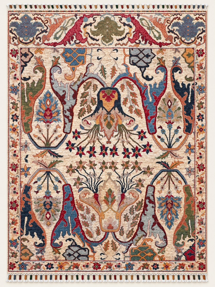 Afghan Handmade Floral Rug – Ivory & Blue