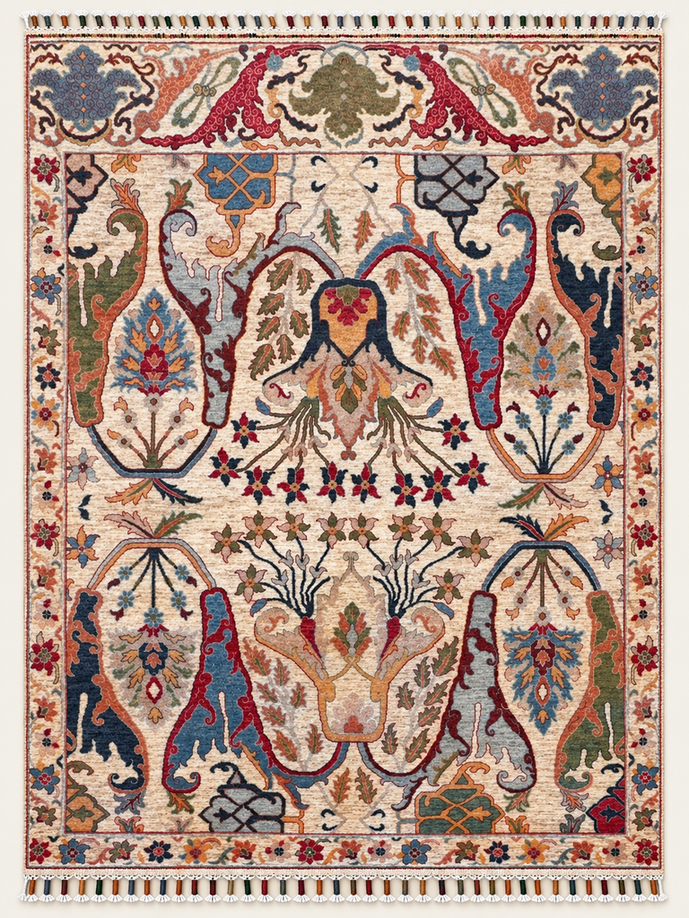 Full overhead view of Afghan handmade floral rug, 303 × 246 cm, with ivory field, blue, olive, terracotta and burgundy motifs and multicoloured fringe