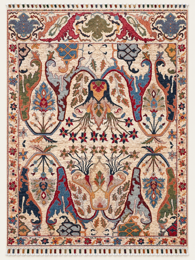 Full overhead view of Afghan handmade floral rug, 303 × 246 cm, with ivory field, blue, olive, terracotta and burgundy motifs and multicoloured fringe