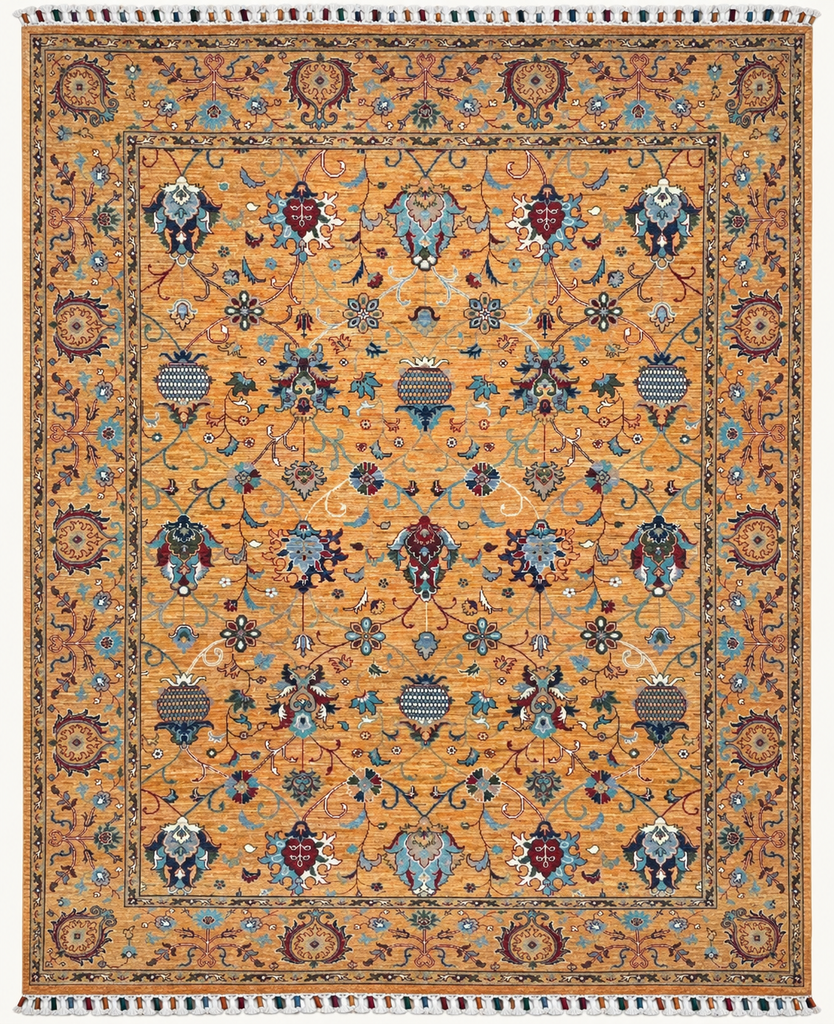 Full overhead view of Afghan Chobi rug in Sultani design, with golden ochre field, turquoise floral motifs, navy and burgundy details and multicoloured fringe