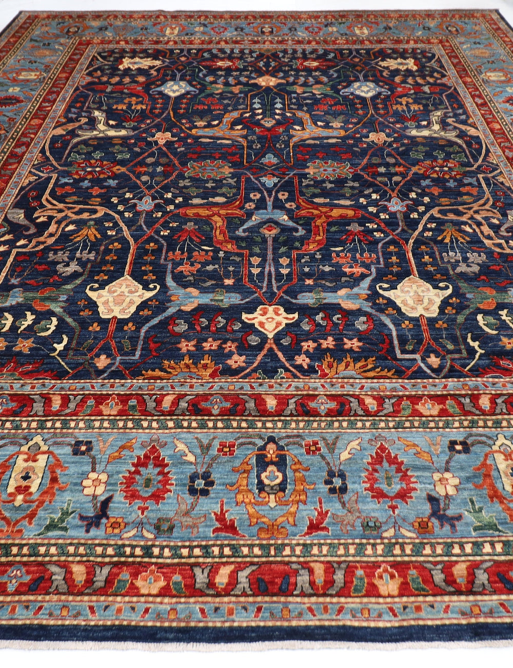 Bidjar Navy Blue Large Area Rug, Afghan Hand knotted Natural Dye Wool Rug 359 x 443 cm