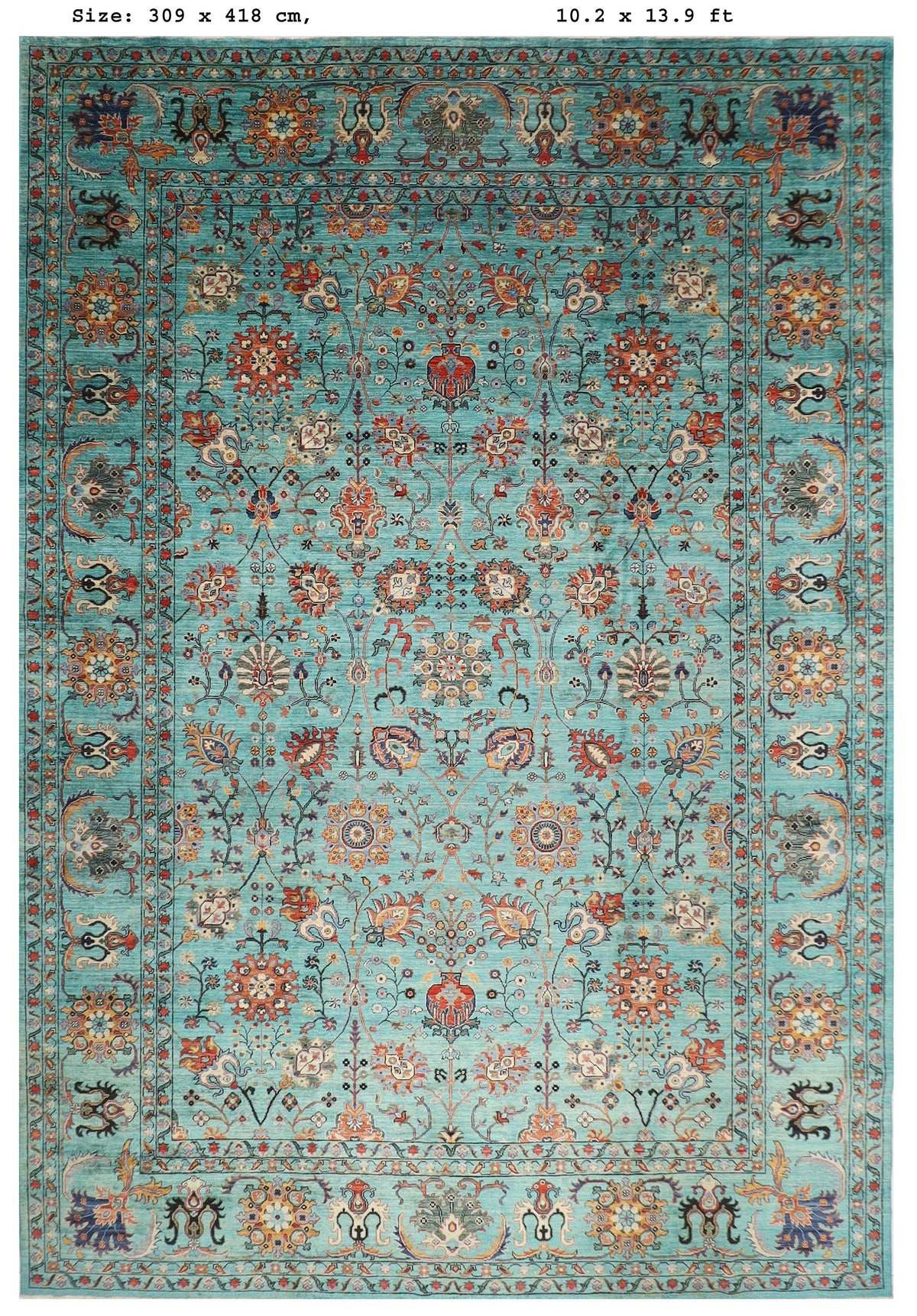 Bidjar Turquoise Area Rug, 3.1x4.2m Oriental Afghan Hand knotted Natural Dye Wool Rug