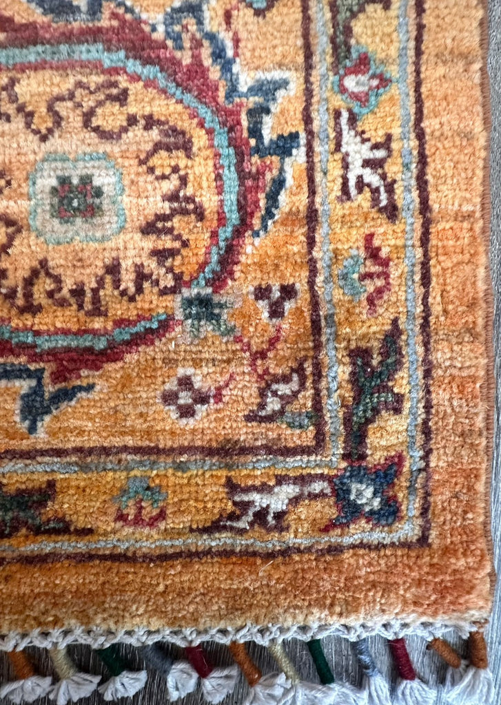 Close-up of Chobi rug corner border, textured pile and multicoloured wrapped fringe