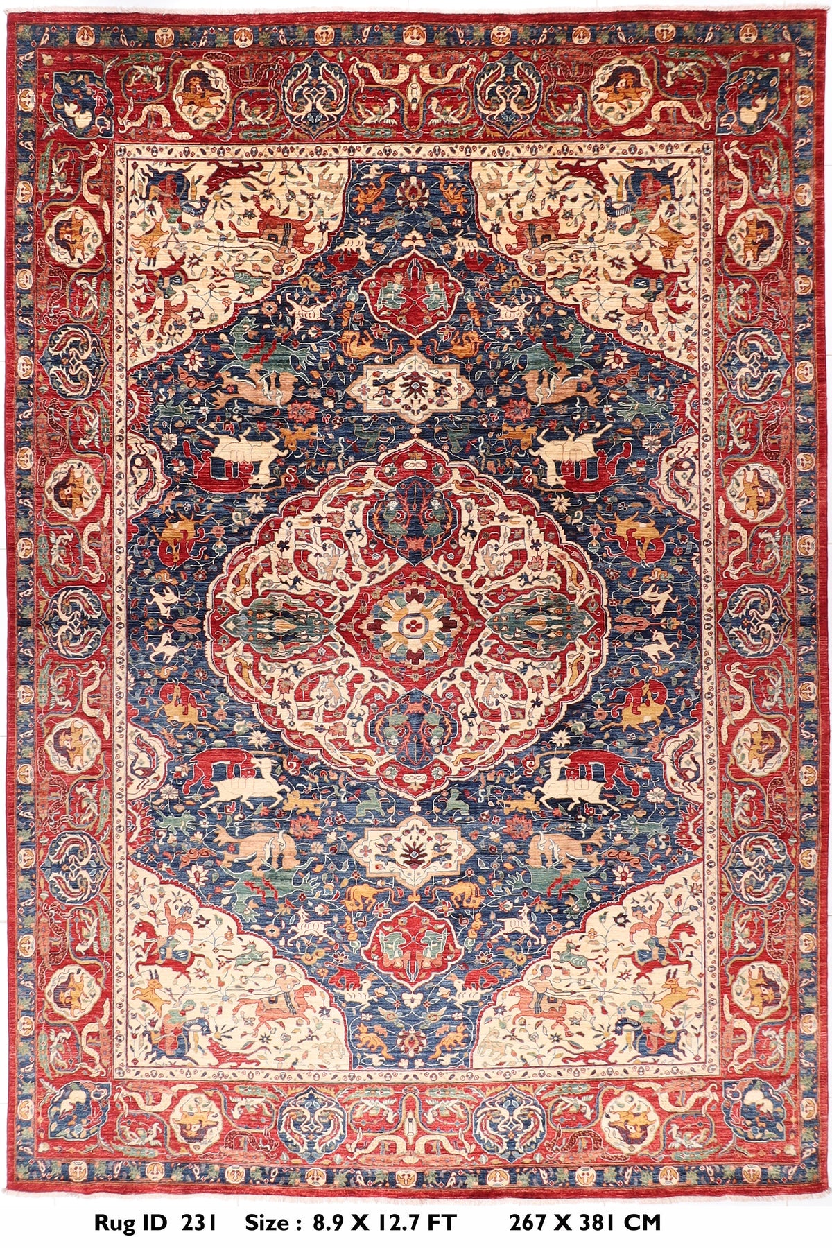 Pictorial Afghan High Quality Kerman rug 8'9x12'7 ft.